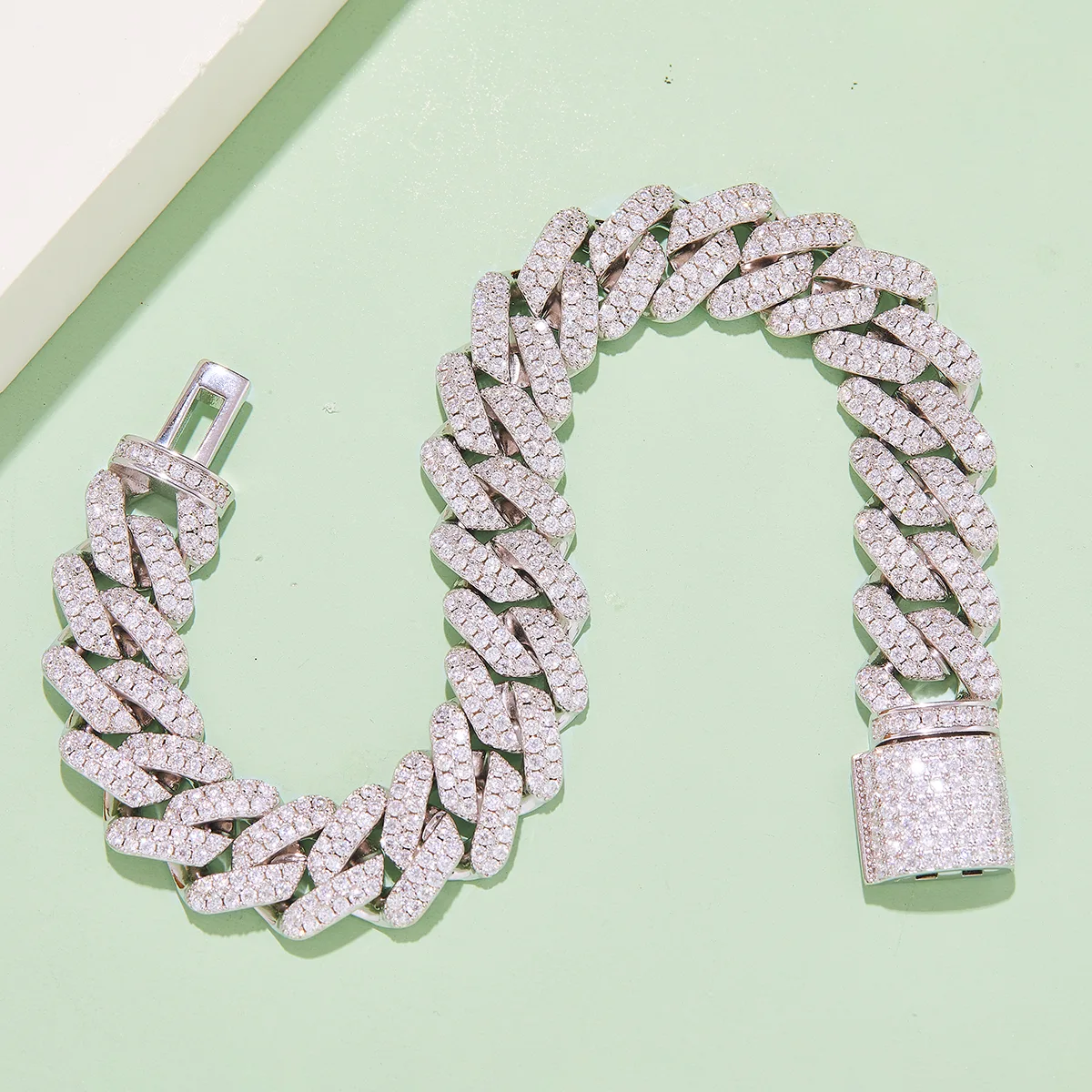 14mm Cuban Link Chain S925 Silver Moissanite Melee Round White DVVS