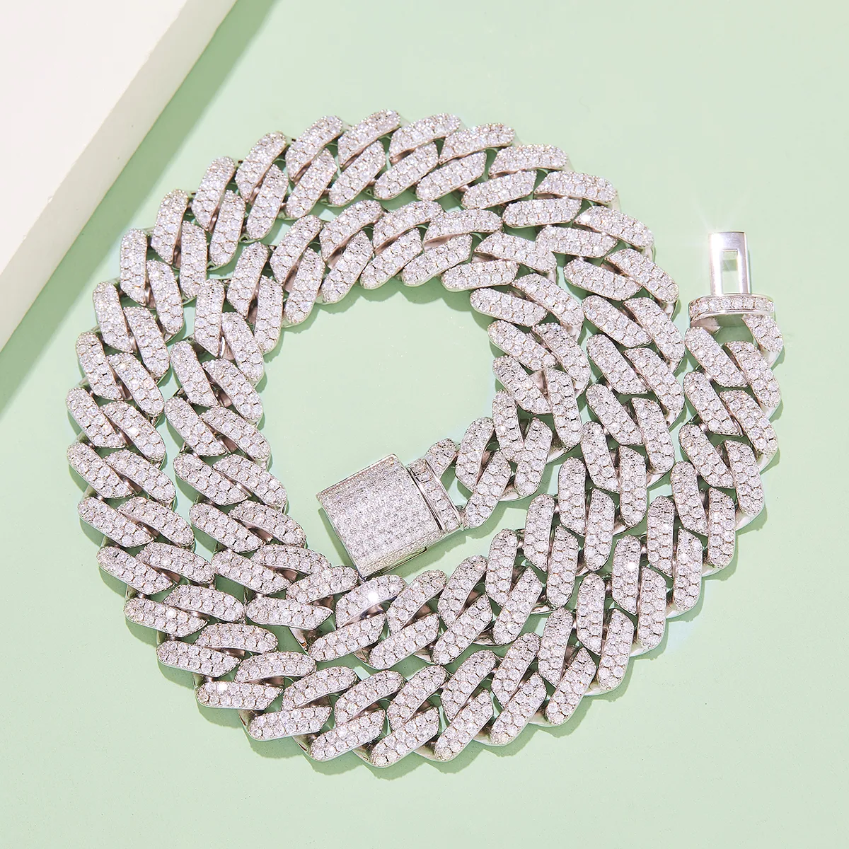 14mm Cuban Link Chain S925 Silver Moissanite Melee Round White DVVS