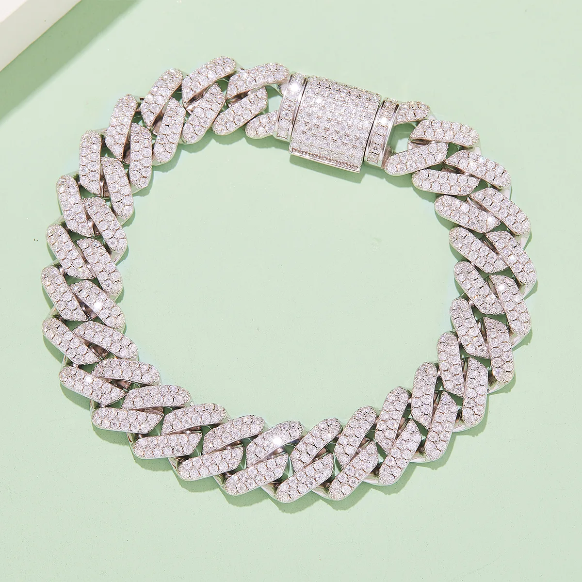 14mm Cuban Link Chain S925 Silver Moissanite Melee Round White DVVS