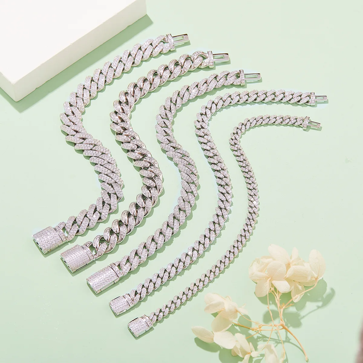 14mm Cuban Link Chain S925 Silver Moissanite Melee Round White DVVS
