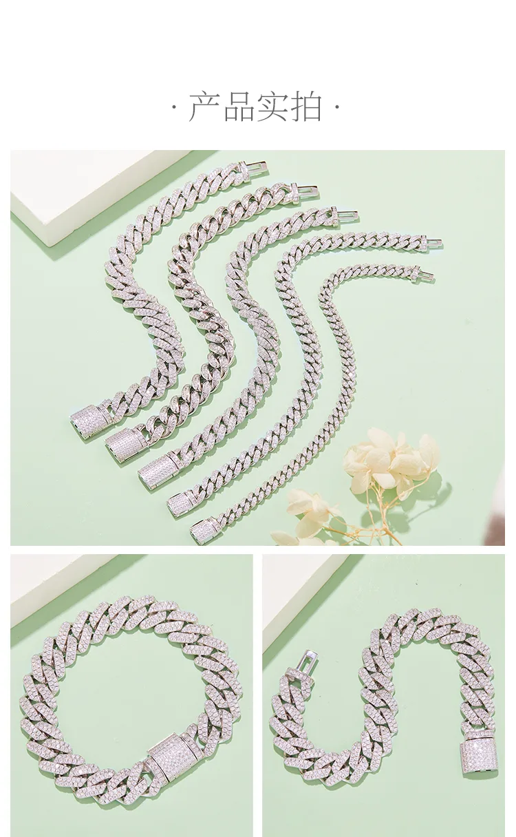 14mm Cuban Link Chain S925 Silver Moissanite Melee Round White DVVS detail 4