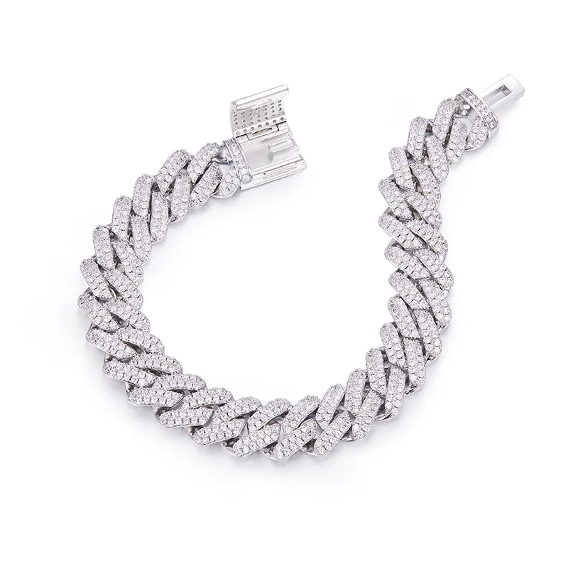 14mm Cuban Link Chain S925 Silver Moissanite Melee Round White DVVS