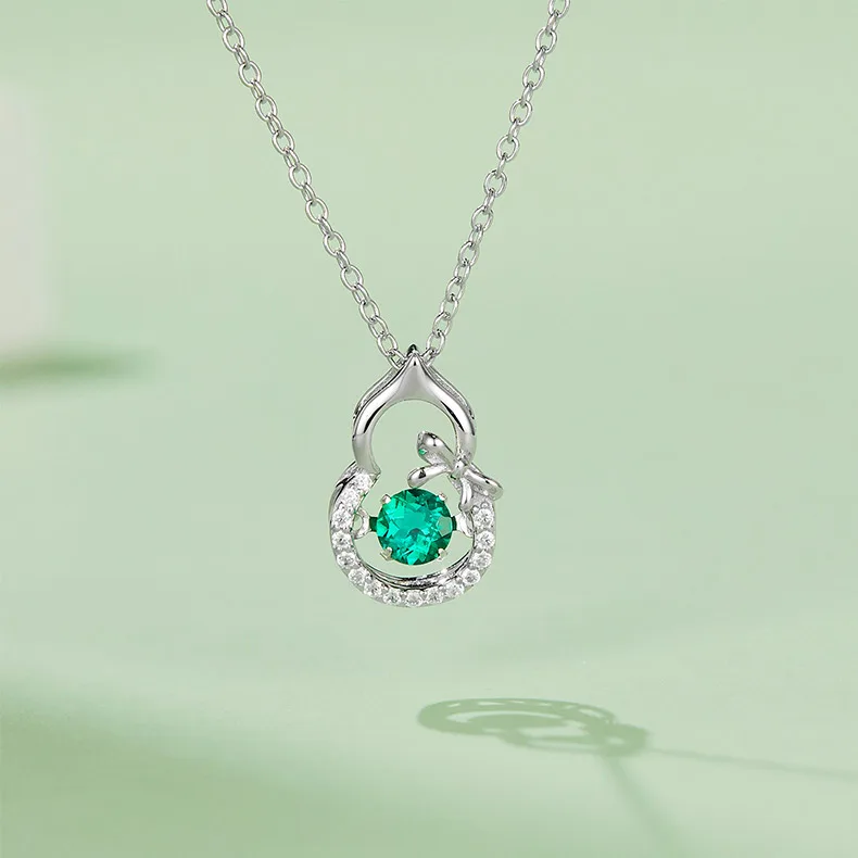 LP0023 Round Lab-Grown Emerald S925 White-Gold-Plated Silver/ Rose Gold Necklace 0.25CT