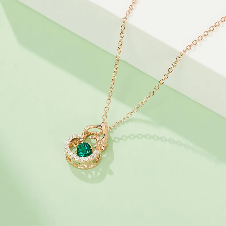 LP0023 Round Lab-Grown Emerald S925 White-Gold-Plated Silver/ Rose Gold Necklace 0.25CT