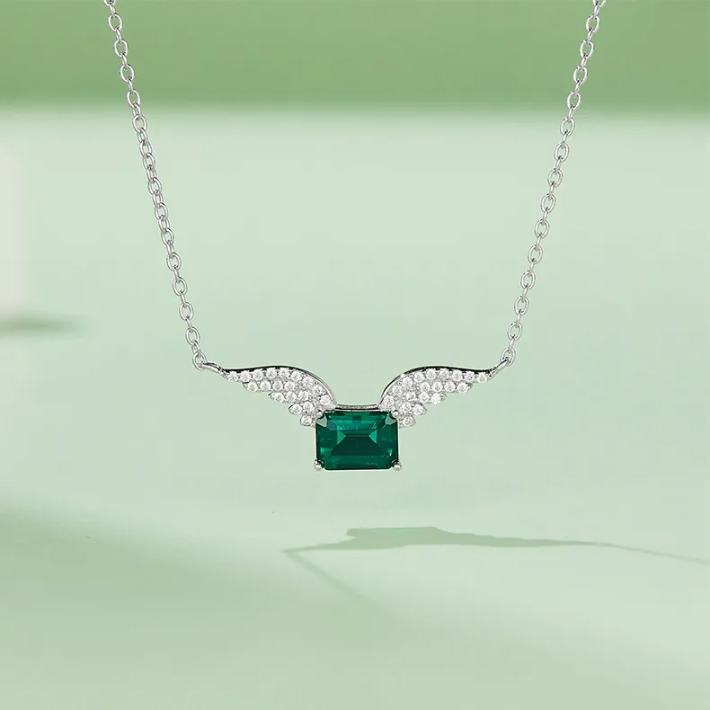 P2019798 Rectangle Lab-Grown Emerald S925 White-Gold-Plated Silver Necklace 7*5mm/0.9CT