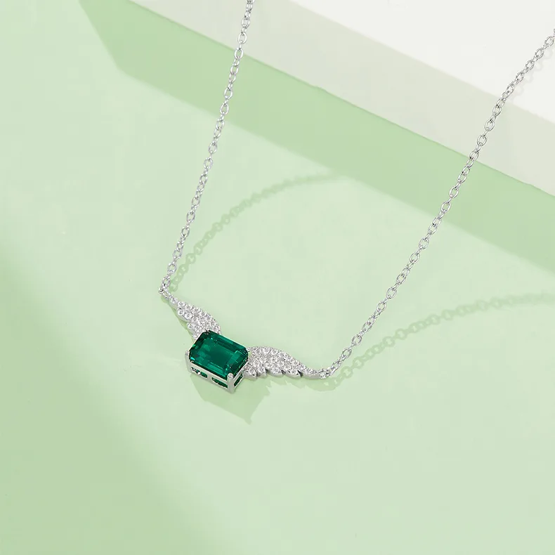 P2019798 Rectangle Lab-Grown Emerald S925 White-Gold-Plated Silver Necklace 7*5mm/0.9CT