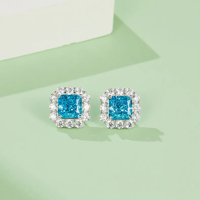 ES03157A1 S925 White-Gold-Plated Silver High-Carbon Diamond Earrings Ice-Cut Blue 8*8mm Square
