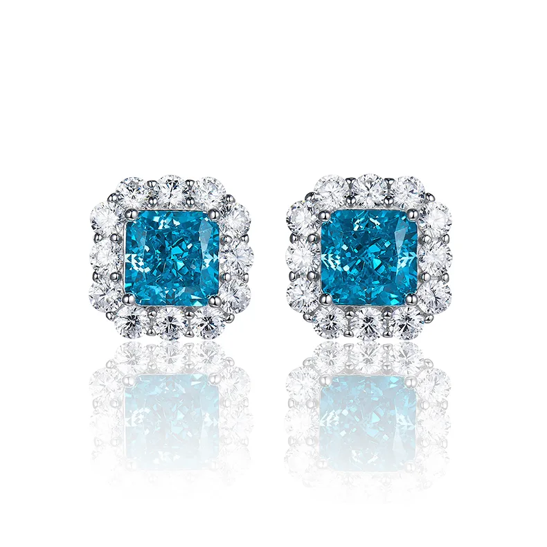 ES03157A1 S925 White-Gold-Plated Silver High-Carbon Diamond Earrings Ice-Cut Blue 8*8mm Square