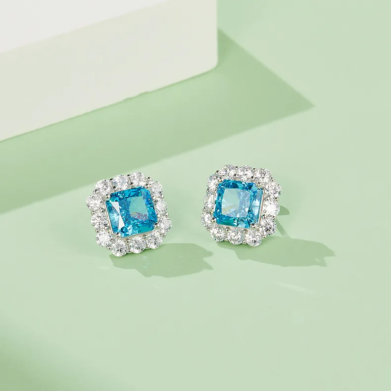 ES03157A1 S925 White-Gold-Plated Silver High-Carbon Diamond Earrings Ice-Cut Blue 8*8mm Square