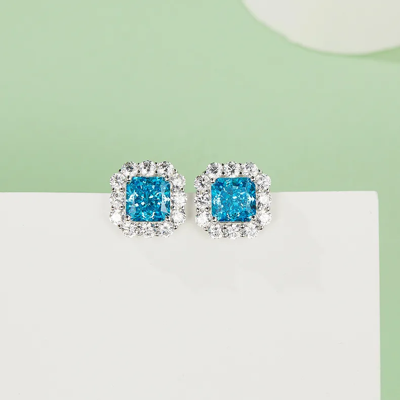 ES03157A1 S925 White-Gold-Plated Silver High-Carbon Diamond Earrings Ice-Cut Blue 8*8mm Square