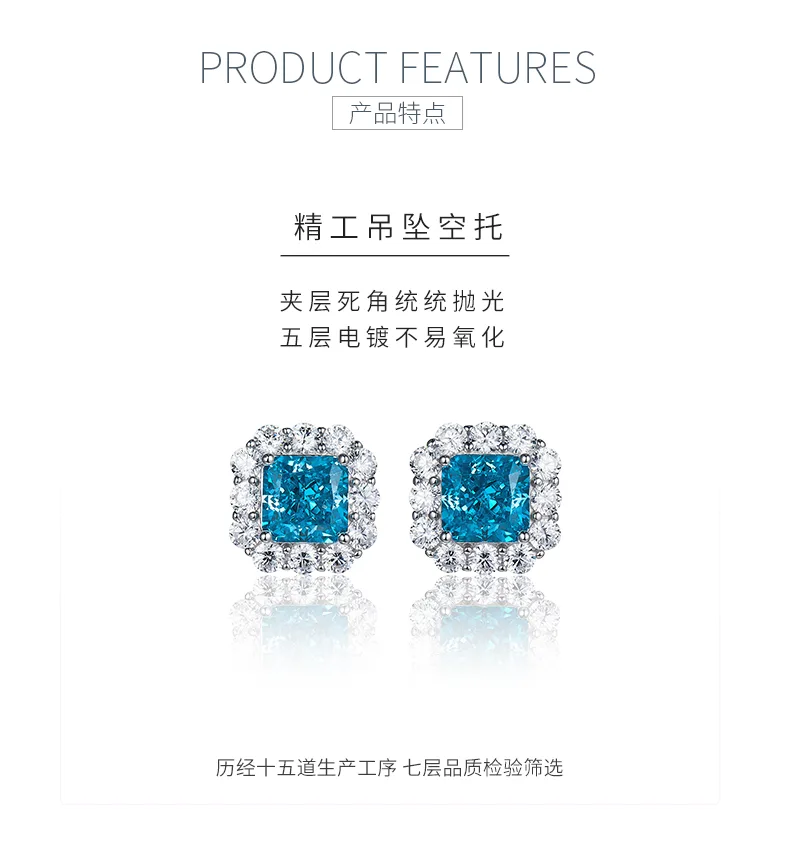 ES03157A1 S925 White-Gold-Plated Silver High-Carbon Diamond Earrings Ice-Cut Blu