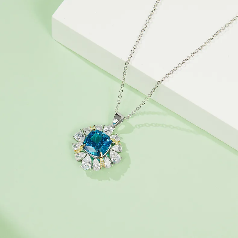 NS01405A1 S925 White-Gold-Plated Silver High-Carbon Diamond Pendant Ice-Cut Blue 10*10mm Square