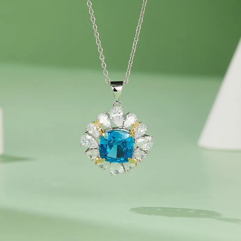 NS01405A1 S925 White-Gold-Plated Silver High-Carbon Diamond Pendant Ice-Cut Blue 10*10mm Square