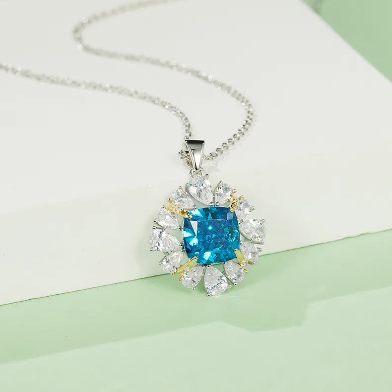 NS01405A1 S925 White-Gold-Plated Silver High-Carbon Diamond Pendant Ice-Cut Blue 10*10mm Square