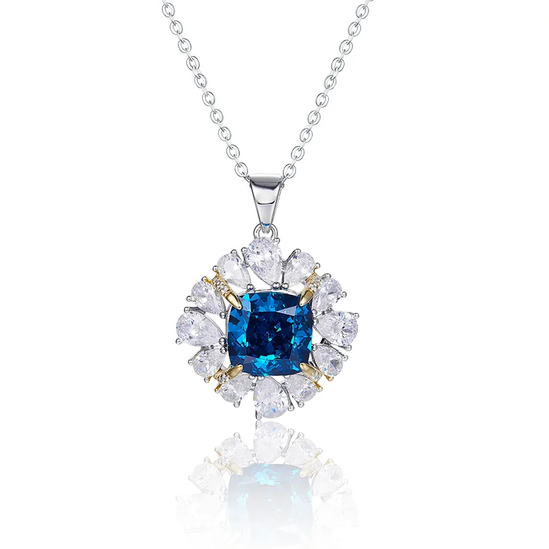 NS01405A1 S925 White-Gold-Plated Silver High-Carbon Diamond Pendant Ice-Cut Blue 10*10mm Square