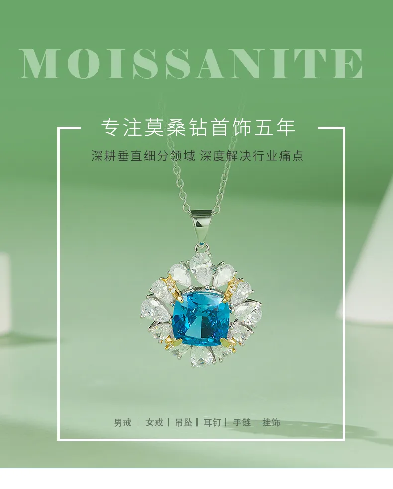 NS01405A1 S925 White-Gold-Plated Silver High-Carbon Diamond Pendant Ice-Cut Blue