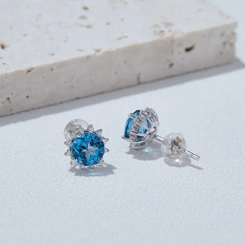 304192/E43484K-2 S925 Silver 18K White Gold Natural Blue Stud Earrings Center Stone 6.0mm