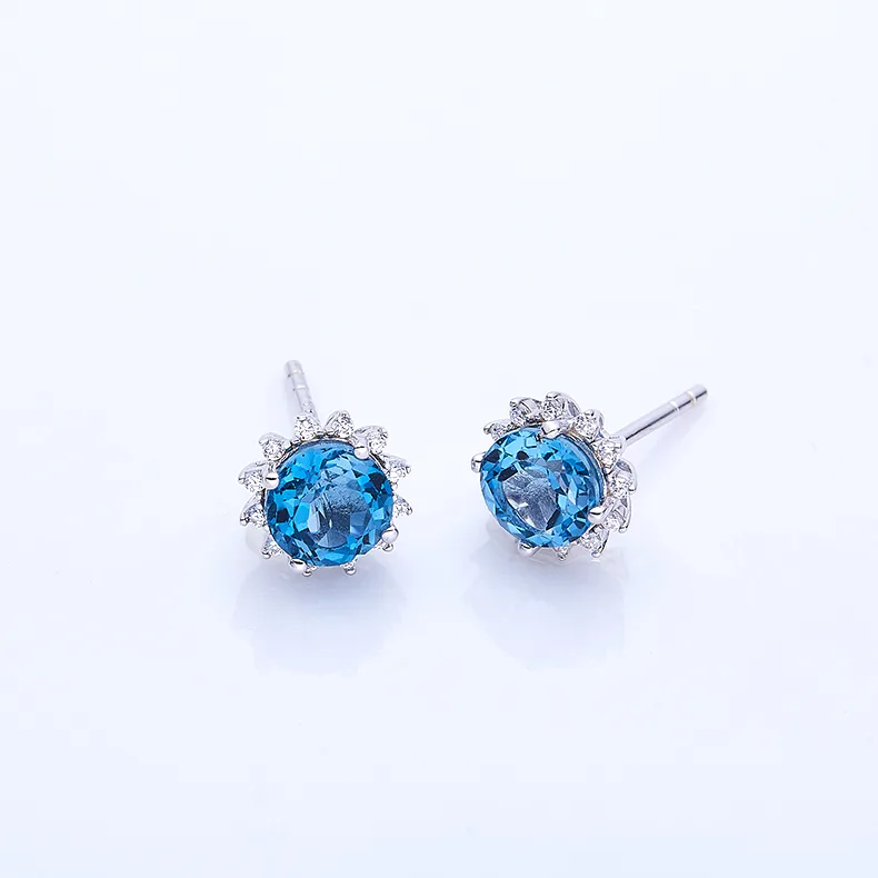 304192/E43484K-2 S925 Silver 18K White Gold Natural Blue Stud Earrings Center Stone 6.0mm