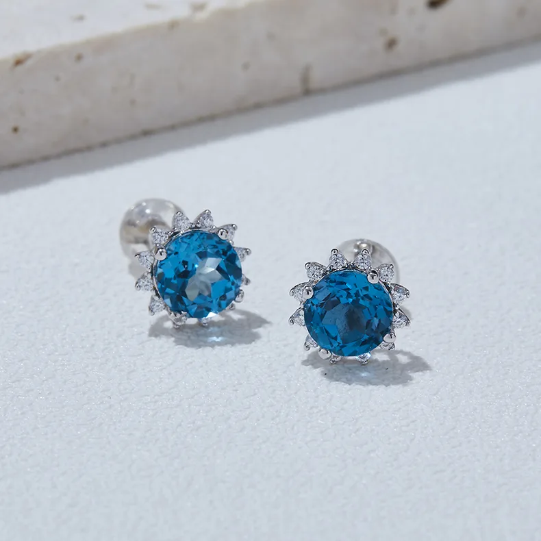 304192/E43484K-2 S925 Silver 18K White Gold Natural Blue Stud Earrings Center Stone 6.0mm
