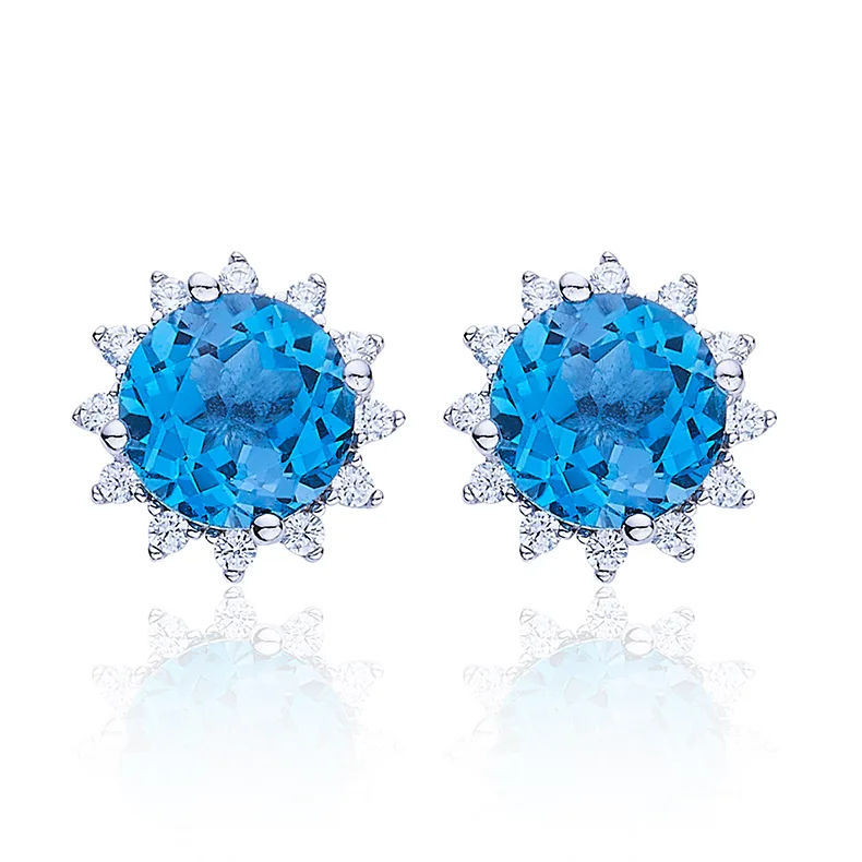 304192/E43484K-2 S925 Silver 18K White Gold Natural Blue Stud Earrings Center Stone 6.0mm
