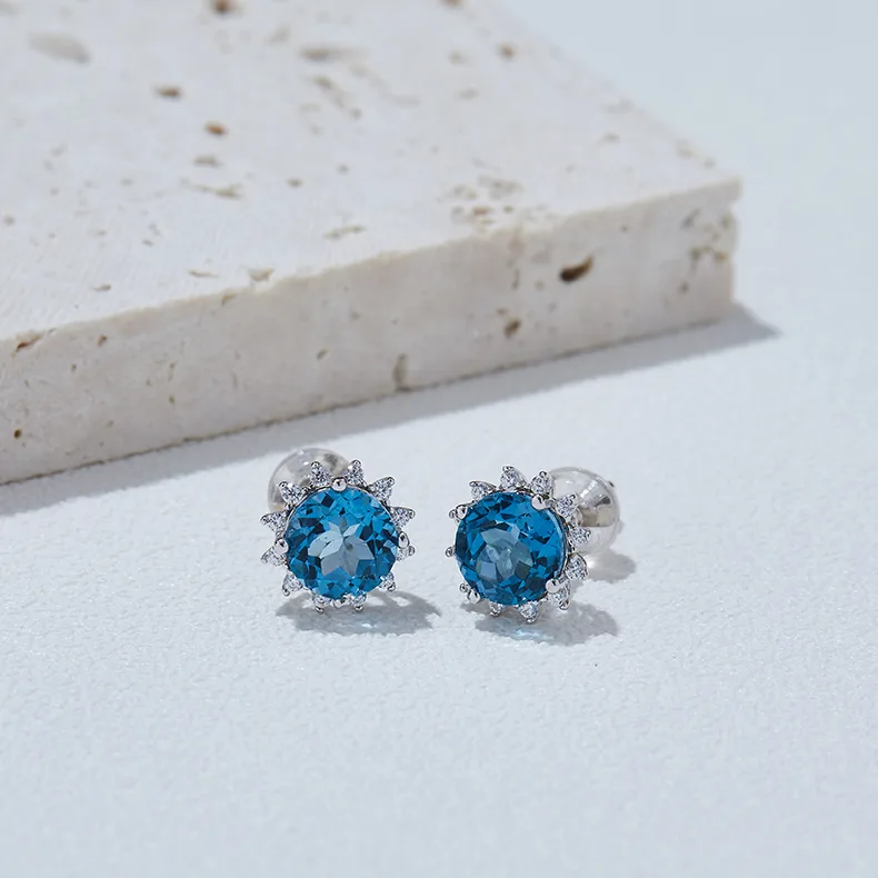 304192/E43484K-2 S925 Silver 18K White Gold Natural Blue Stud Earrings Center Stone 6.0mm