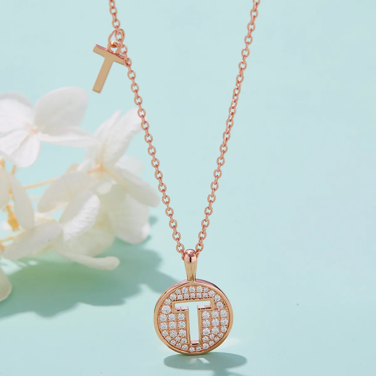 T Pendant S925 Rose-Gold-Plated Silver Moissanite Light Luxury Letter Necklace