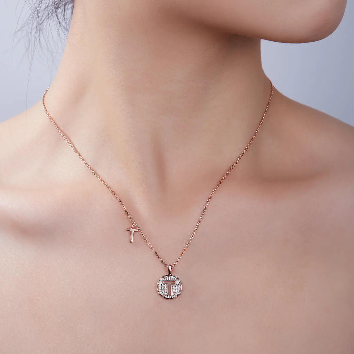 T Pendant S925 Rose-Gold-Plated Silver Moissanite Light Luxury Letter Necklace