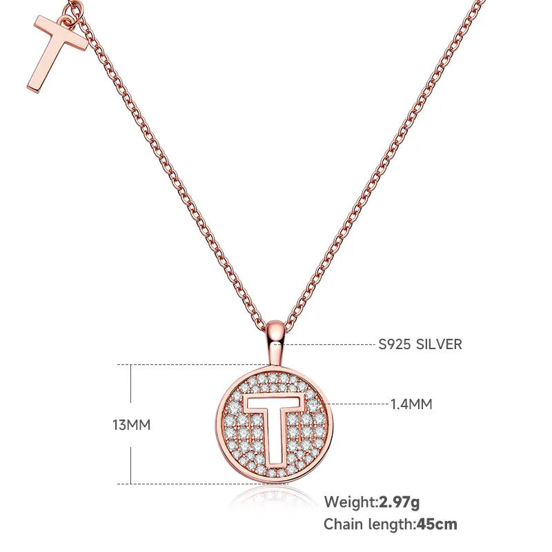 T Pendant S925 Rose-Gold-Plated Silver Moissanite Light Luxury Letter Necklace