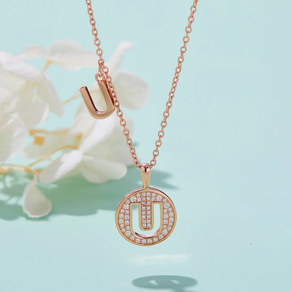 U Pendant S925 Rose-Gold-Plated Silver Moissanite Light Luxury Letter Necklace