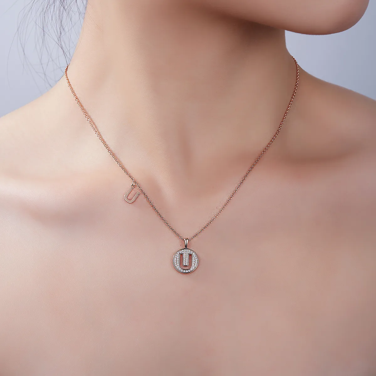 U Pendant S925 Rose-Gold-Plated Silver Moissanite Light Luxury Letter Necklace
