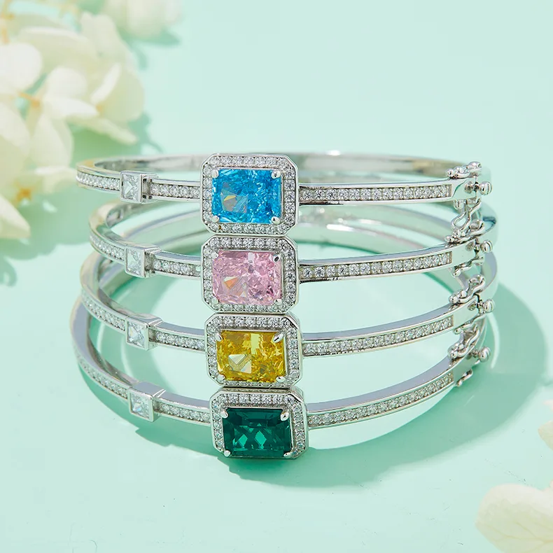 YWBG0014 Rectangle High-Carbon Diamond Lab-Grown Emerald S925 White-Gold-Plated Silver Center Stone 9*7mm/2.0CT