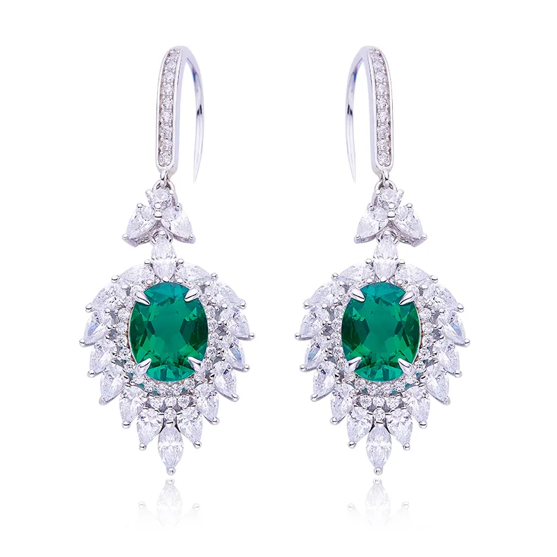 E0079 Oval High-Carbon Diamond Lab-Grown Emerald S925 White-Gold-Plated Silver Earrings Center Stone 10*8mm/4.0CT