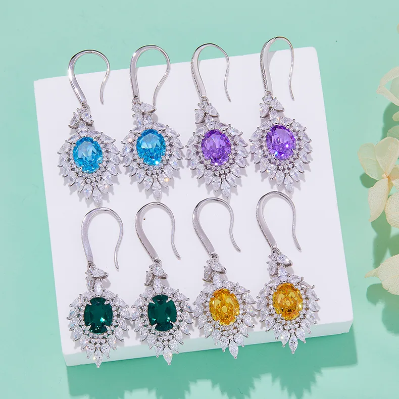 E0079 Oval High-Carbon Diamond Lab-Grown Emerald S925 White-Gold-Plated Silver Earrings Center Stone 10*8mm/4.0CT