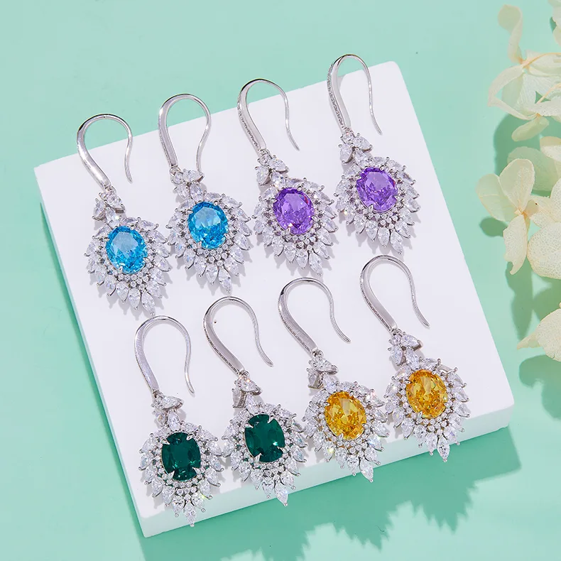 E0079 Oval High-Carbon Diamond Lab-Grown Emerald S925 White-Gold-Plated Silver Earrings Center Stone 10*8mm/4.0CT
