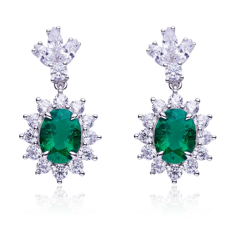 P0052 Oval High-Carbon Diamond Lab-Grown Emerald Lab-Grown Ruby S925 White-Gold-Plated Silver Earrings Center Stone 9*7mm/3.2CT