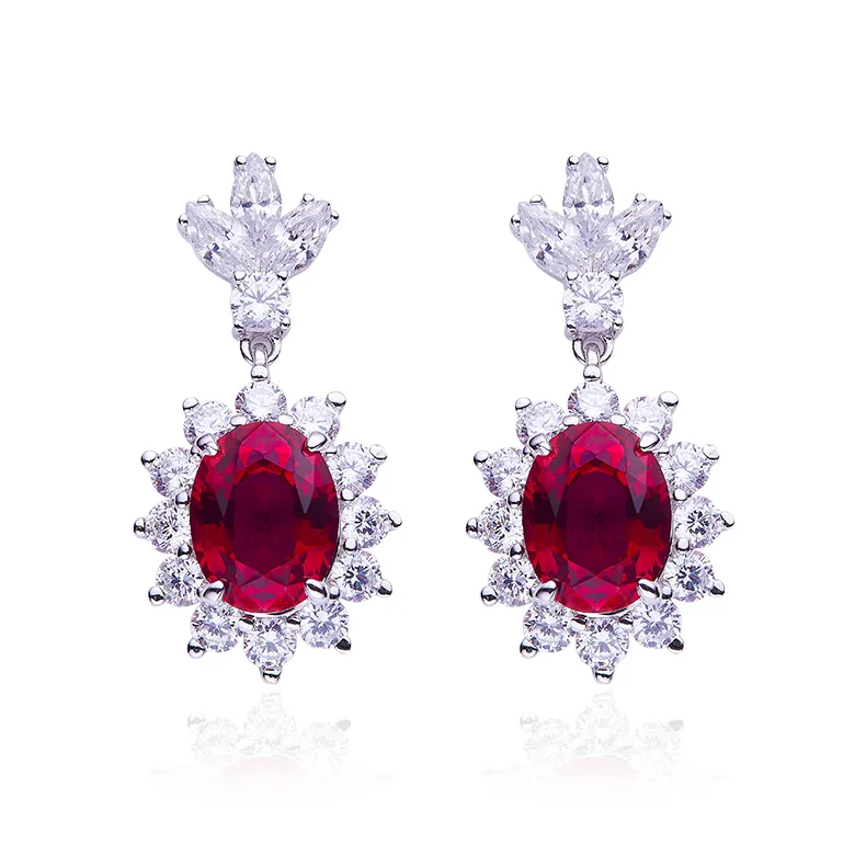 P0052 Oval High-Carbon Diamond Lab-Grown Emerald Lab-Grown Ruby S925 White-Gold-Plated Silver Earrings Center Stone 9*7mm/3.2CT