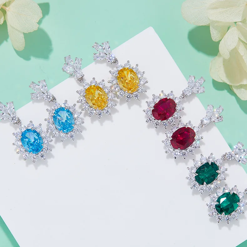 P0052 Oval High-Carbon Diamond Lab-Grown Emerald Lab-Grown Ruby S925 White-Gold-Plated Silver Earrings Center Stone 9*7mm/3.2CT