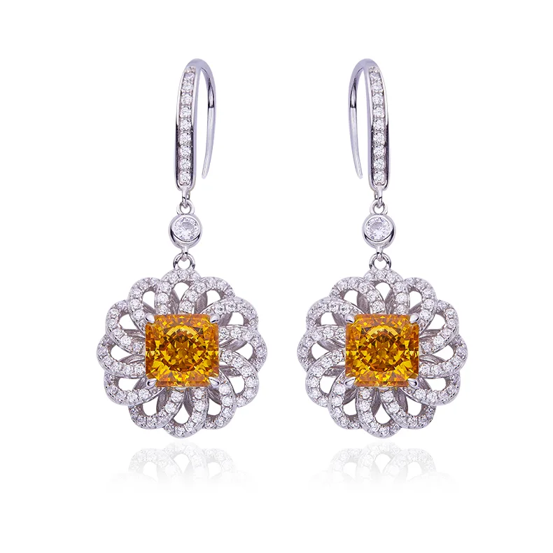 R0014 Square High-Carbon Diamond Lab-Grown Emerald S925 White-Gold-Plated Silver Earrings Center Stone 8.0mm/2.0CT