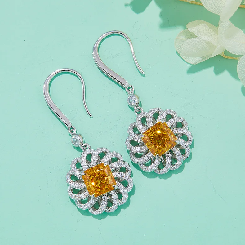 R0014 Square High-Carbon Diamond Lab-Grown Emerald S925 White-Gold-Plated Silver Earrings Center Stone 8.0mm/2.0CT