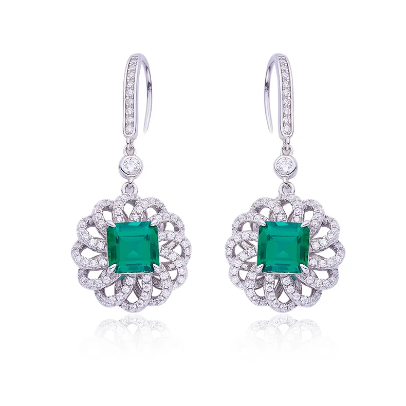 R0014 Square High-Carbon Diamond Lab-Grown Emerald S925 White-Gold-Plated Silver Earrings Center Stone 8.0mm/2.0CT