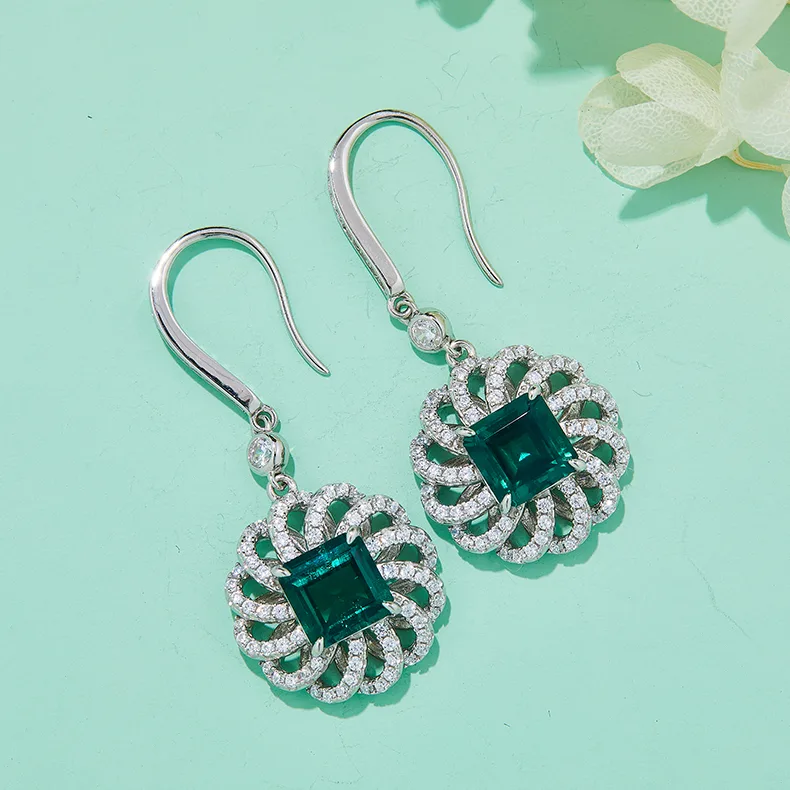 R0014 Square High-Carbon Diamond Lab-Grown Emerald S925 White-Gold-Plated Silver Earrings Center Stone 8.0mm/2.0CT