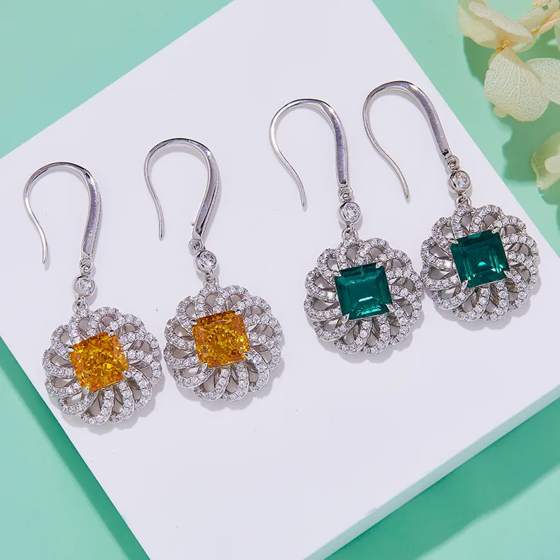 R0014 Square High-Carbon Diamond Lab-Grown Emerald S925 White-Gold-Plated Silver Earrings Center Stone 8.0mm/2.0CT