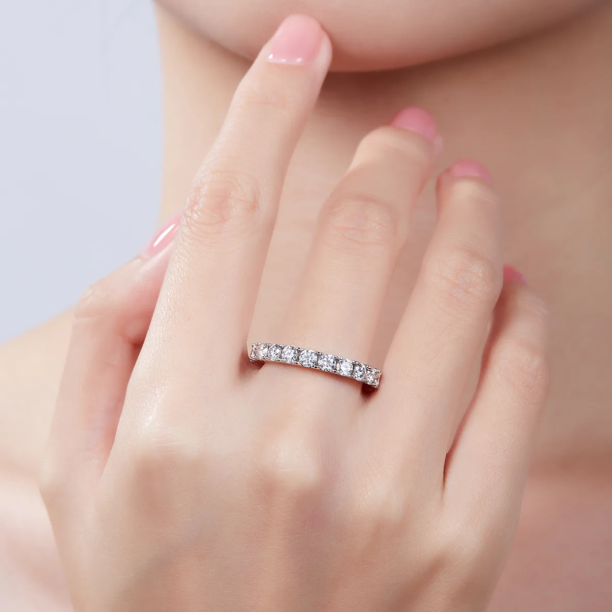 Full-Circle Ring Guard S925 White-Gold-Plated Silver Moissanite Melee Promise Ring 3.0mm