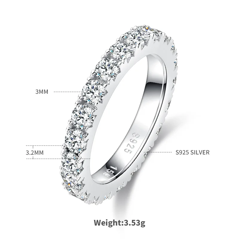 Full-Circle Ring Guard S925 White-Gold-Plated Silver Moissanite Melee Promise Ring 3.0mm