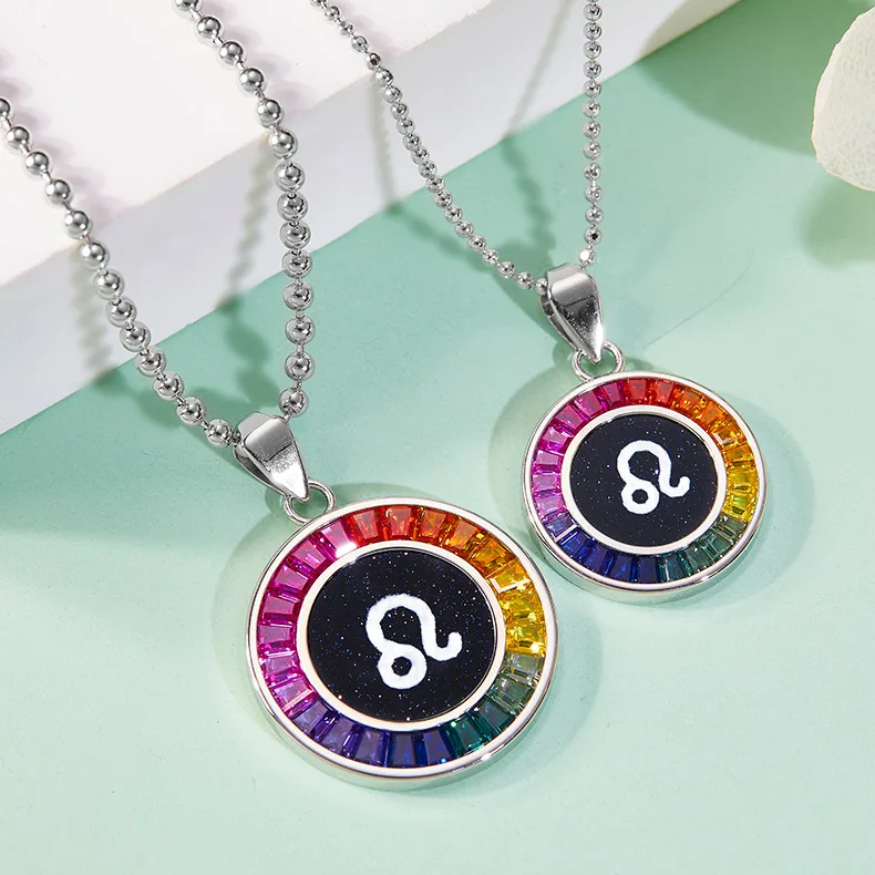 Leo Multicolor Synthetic Gemstone Horoscope Necklace S925 White-Gold-Plated Silver