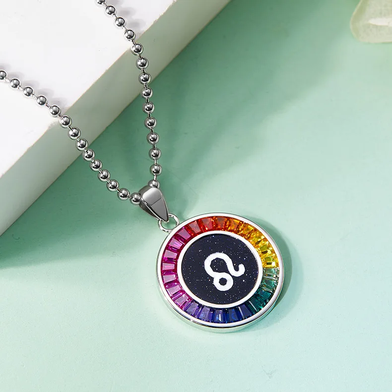 Leo Multicolor Synthetic Gemstone Horoscope Necklace S925 White-Gold-Plated Silver