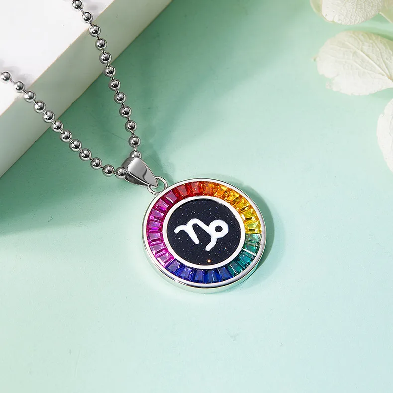 Multicolor Synthetic Gemstone Horoscope Necklace S925 White-Gold-Plated Silver