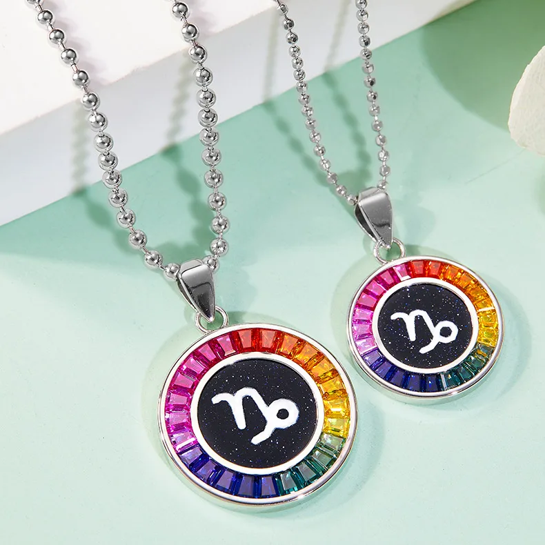 Multicolor Synthetic Gemstone Horoscope Necklace S925 White-Gold-Plated Silver