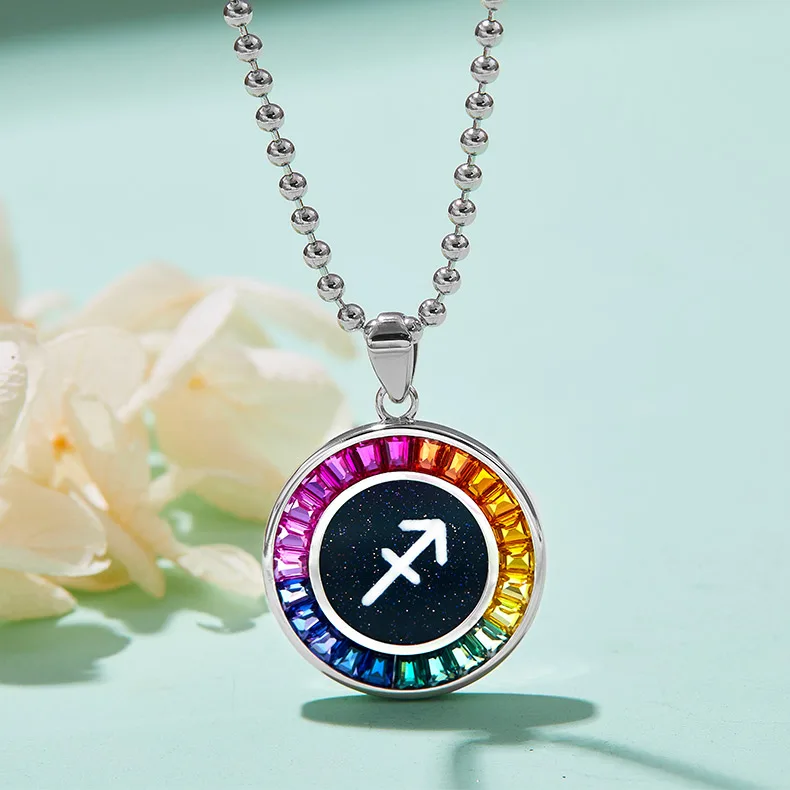 Sagittarius Multicolor Synthetic Gemstone Horoscope Necklace S925 White-Gold-Plated Silver