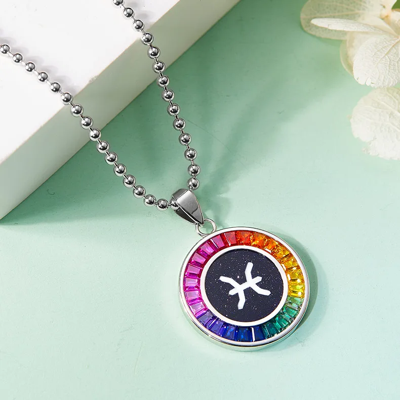 Pisces Multicolor Synthetic Gemstone Horoscope Necklace S925 White-Gold-Plated Silver